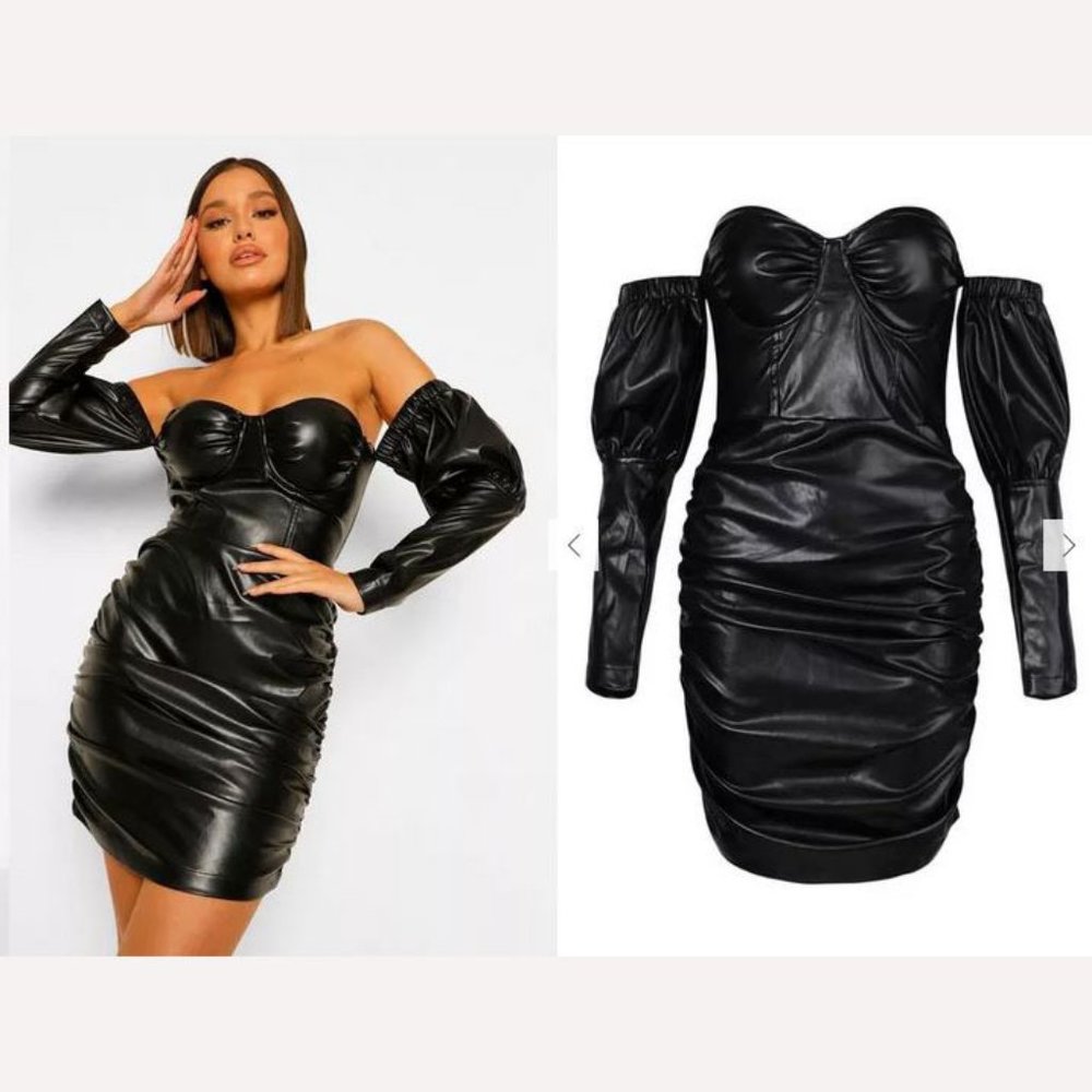 Boohoo Faux Leather Ruched Cupped Dress - Black Size 2 NWT